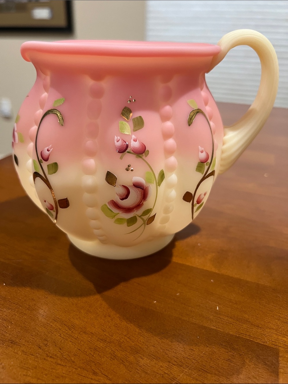 Vintage Fenton Art Glass Burmese Melon Pitcher Hand-painted Signed